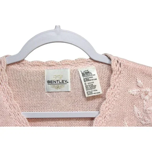 Vintage Cardigan Sweater Size L. Pink Embroidered Beaded Floral Knit - Picture 6 of 13